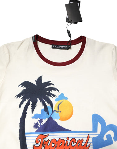 White Cotton Print Short Sleeves Top T-shirt