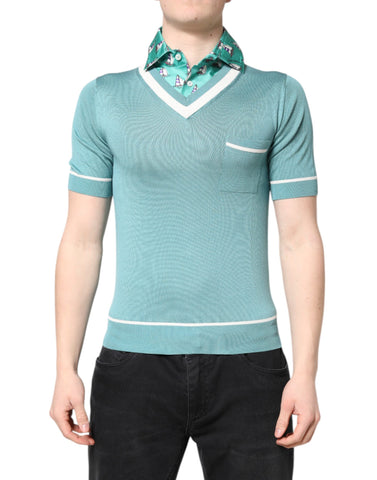 Green Printed Collared Short Sleeve T-shirt