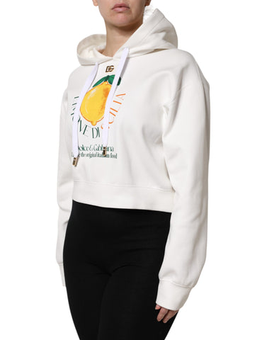 Ivory Cotton Printed Hooded Pullover Sweater