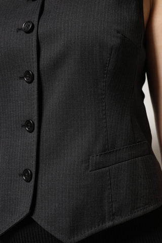 Black Striped Button Down Sleeveless Vest Top