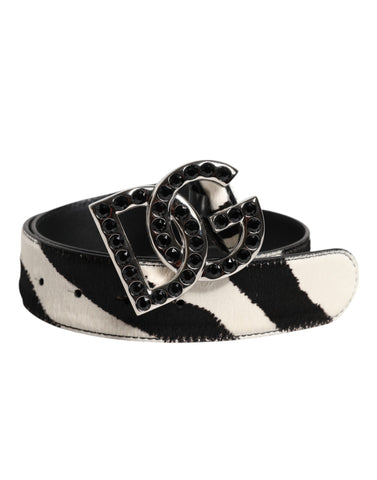 White Black Leather Zebra DG Crystal Buckle Belt