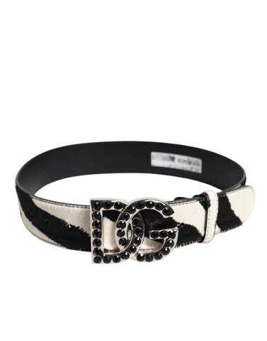 White Black Leather Zebra DG Crystal Buckle Belt