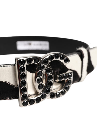 White Black Leather Zebra DG Crystal Buckle Belt