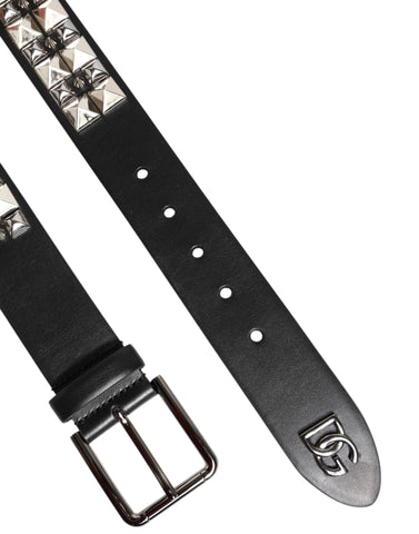 Black Calf Leather Studded Silver Buckle Belt