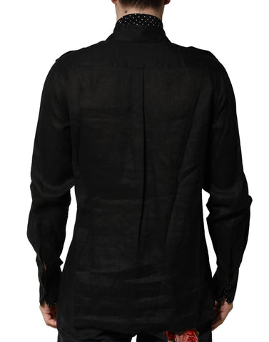 Black Polka Dot Collar Tie Neck Casual Shirt