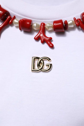 Biała, zdobiona bawełniana koszulka z okrągłym dekoltem