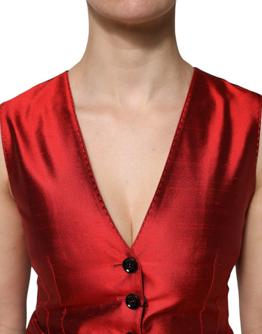 Red Black Button Down Sleeveless Vest Top