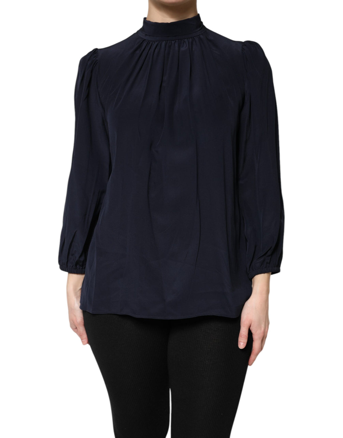 Blue Silk Mock Neck Long Sleeves Blouse Top