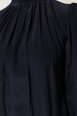 Blue Silk Mock Neck Long Sleeves Blouse Top