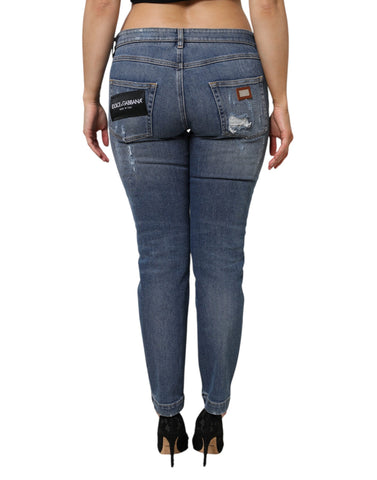 Blue Tattered Cotton Low Waist Denim Jeans
