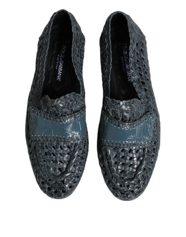 Blue Woven Leather Slip On Loafers Shoes