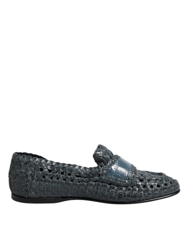 Blue Woven Leather Slip On Loafers Shoes