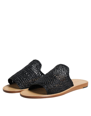 Black Monochrome Braided Raffia Slides Shoes