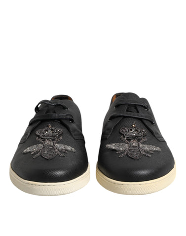 Black Leather Bee Crown Low Top Sneakers Shoes