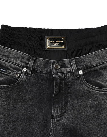 Black Washed Double Waistband Denim Jeans