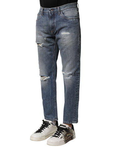 Blue Washed Tattered Straight Fit Denim Jeans