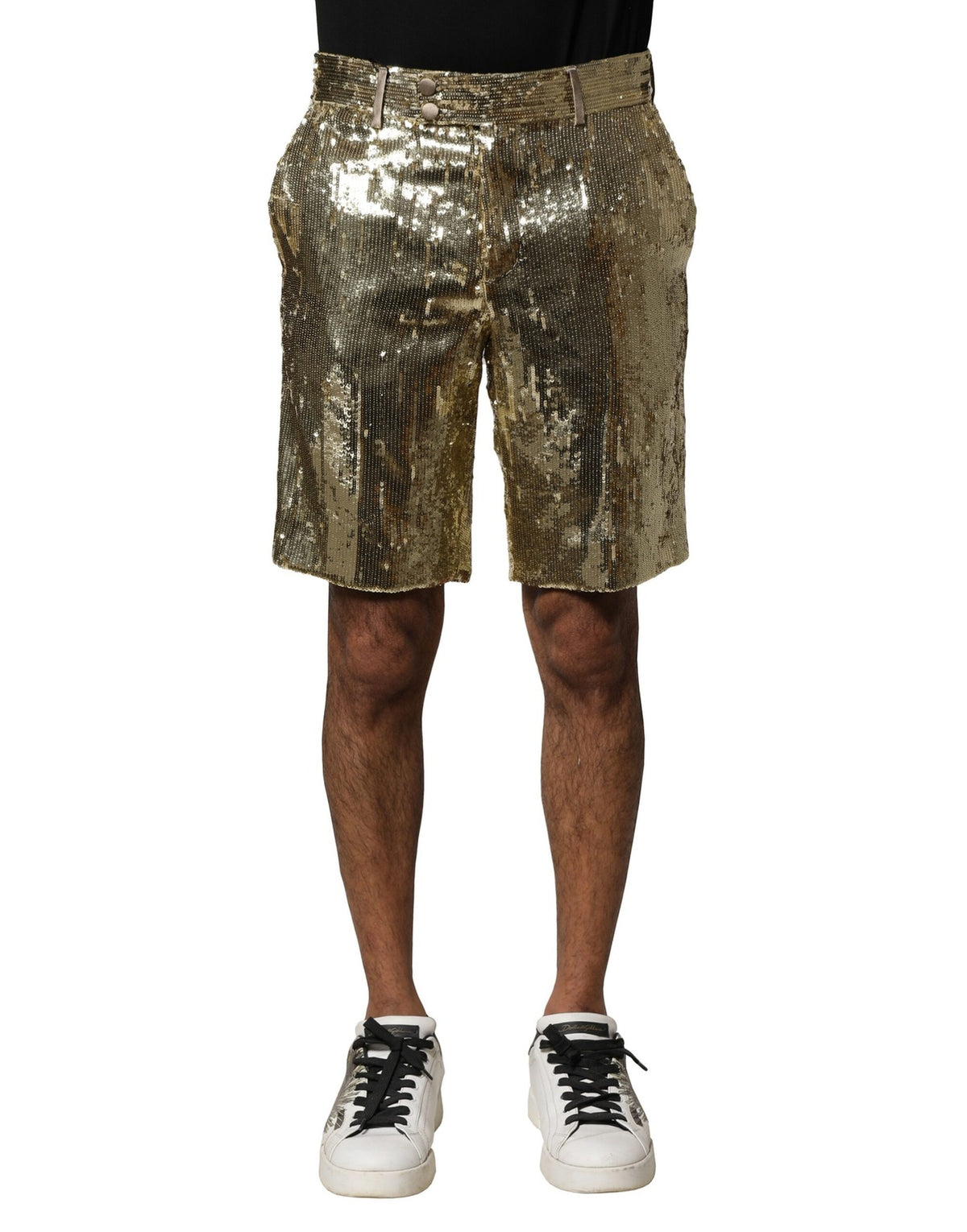 Gold Sequin Polyester Embellished Bermuda Shorts