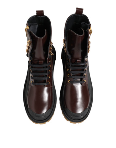 Brown Black Leather Boots Zipper Lace Up Shoes