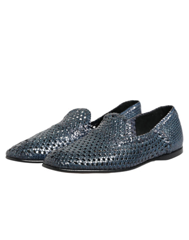 Blue Woven Leather Slip On Loafers Shoes