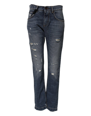 Blue Cotton Tattered Boyfriend Denim Jeans