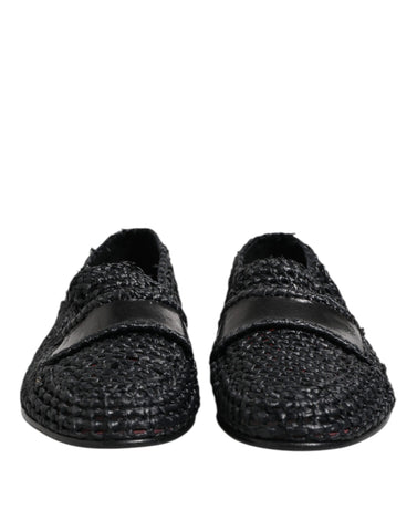 Black Woven Leather Slip On Loafers Men Shoes