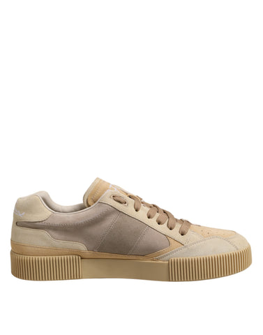 Beige Leather Low Top Lace Up Sneakers Shoes