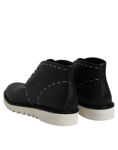 Black White Leather Ankle Boots Shoes