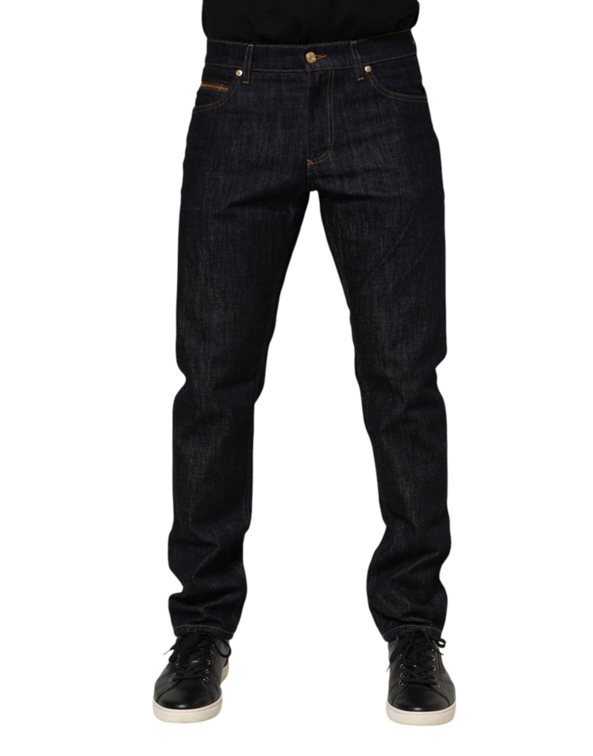 Dark Blue Cotton Logo Plaque Men Denim Jeans