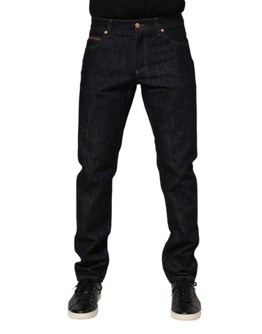 Dark Blue Cotton Logo Plaque Men Denim Jeans