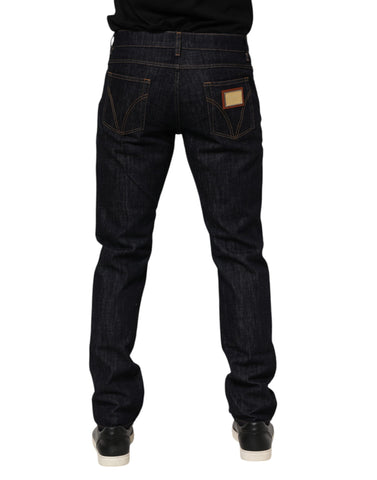 Dark Blue Cotton Logo Plaque Men Denim Jeans