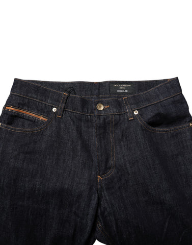 Dark Blue Cotton Logo Plaque Men Denim Jeans