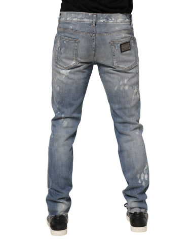 Blue Cotton Tattered Slim Fit Men Denim Jeans