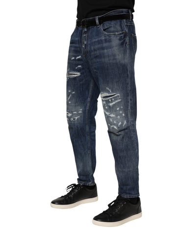 Blue Cotton Tattered Tapered Men Denim Jeans