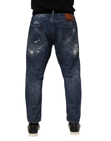 Blue Cotton Tattered Tapered Men Denim Jeans