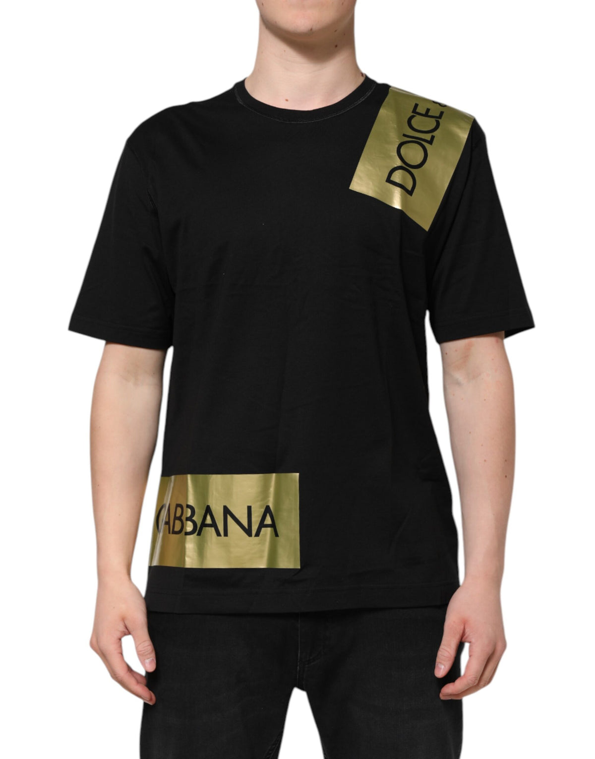 Black Logo Tape Cotton Men Crew Neck T-shirt
