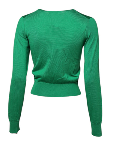 Green Floral Detailing Silk Pullover Sweater
