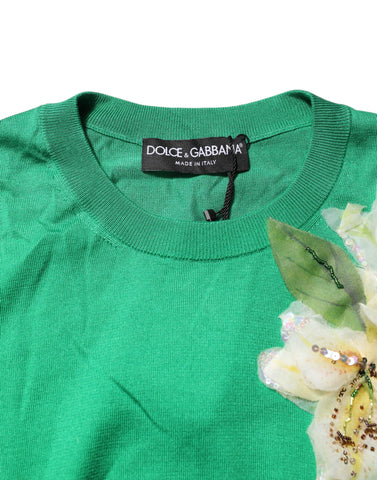 Green Floral Detailing Silk Pullover Sweater