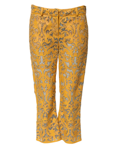 Yellow Floral Lace Mid Waist Capri Pants