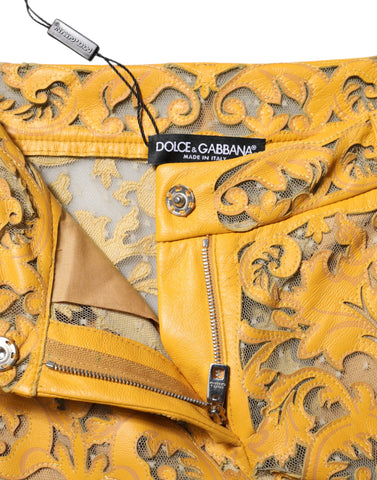 Yellow Floral Lace Mid Waist Capri Pants