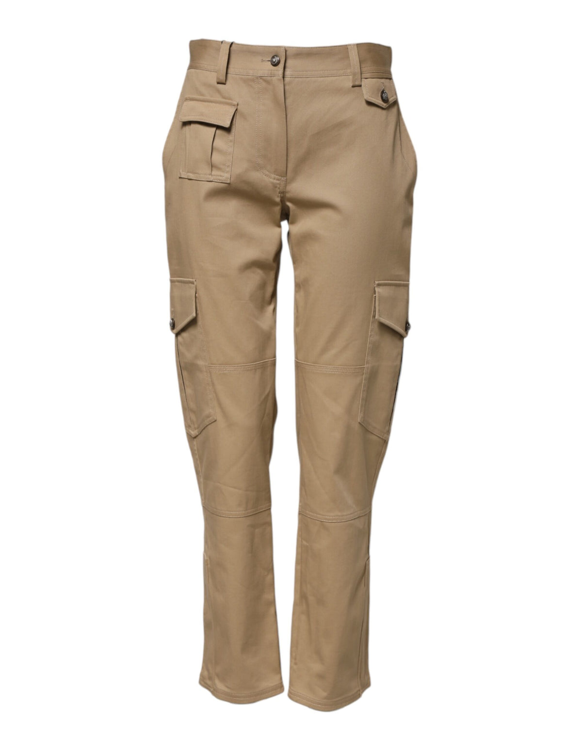 Beige Mid Waist Cargo Tapered Pants