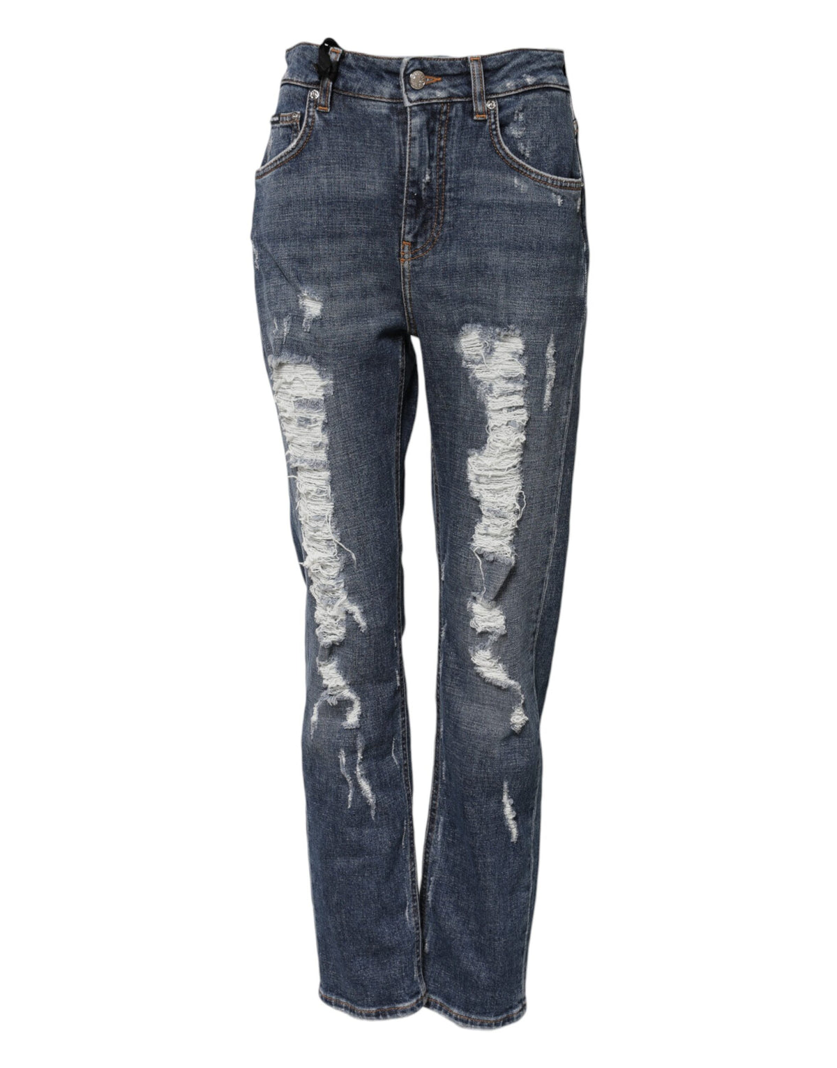Blue Cotton Boyfriend Tattered Denim Jeans