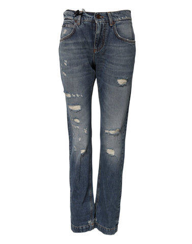Blue Cotton Boyfriend Tattered Denim Jeans