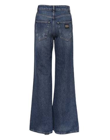 Blue Cotton Wide Leg Tattered Denim Jeans
