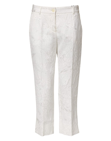 White Cotton Floral Jacquard Pants