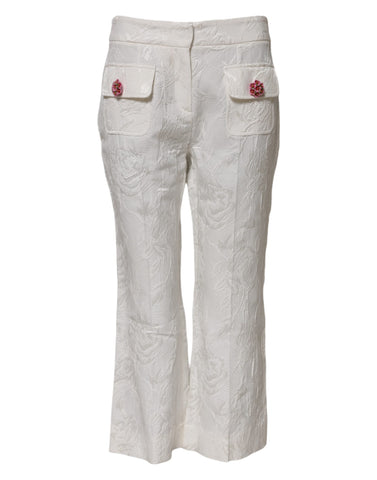 White Cotton Floral Jacquard Pants