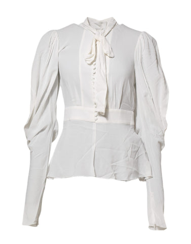 White Viscose Ascot Collar Long Sleeves Top