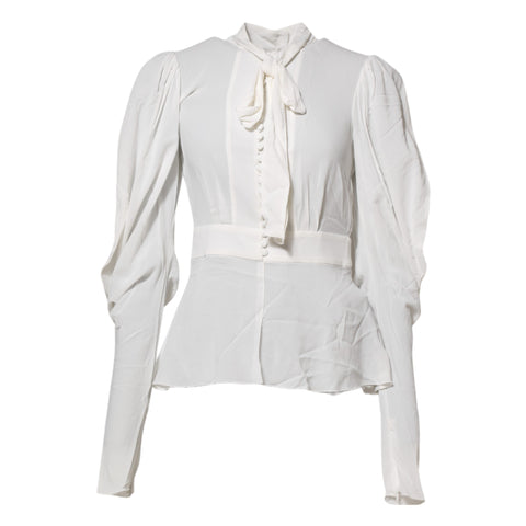 White Viscose Ascot Collar Long Sleeves Top