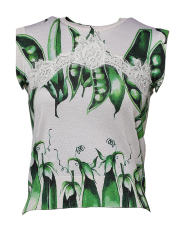 White Green Pea Print Sleeveless Blouse Top