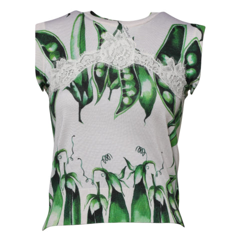 White Green Pea Print Sleeveless Blouse Top