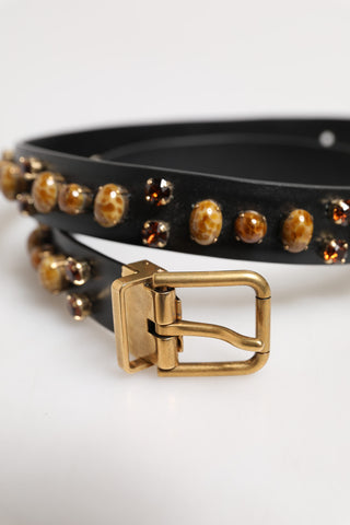 Black Leather Studded Gold Tone Buckle Belt
